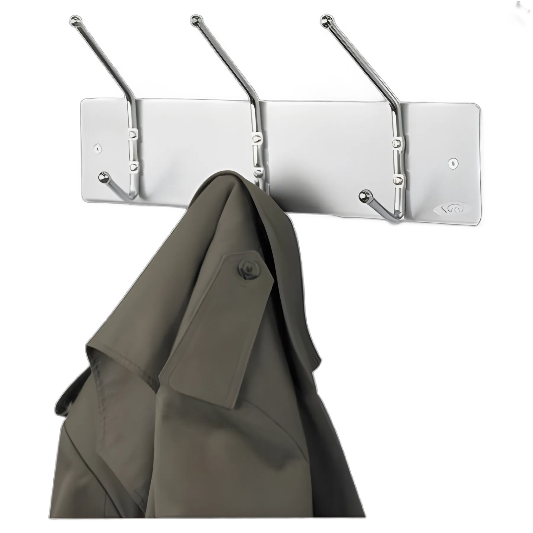 Metal Wall Rack, Three Ball-Tipped Double-Hooks, Metal, 18w x 3.75d x 7h, Satin