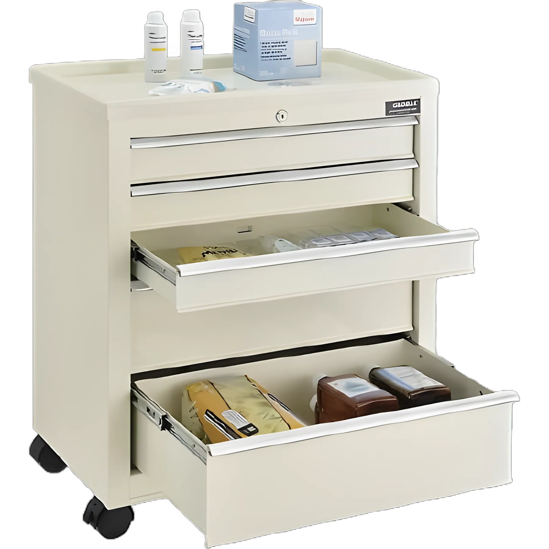 Global™ Steel Medical Bedside Cart with Key Lock, 5 Drawers - Beige