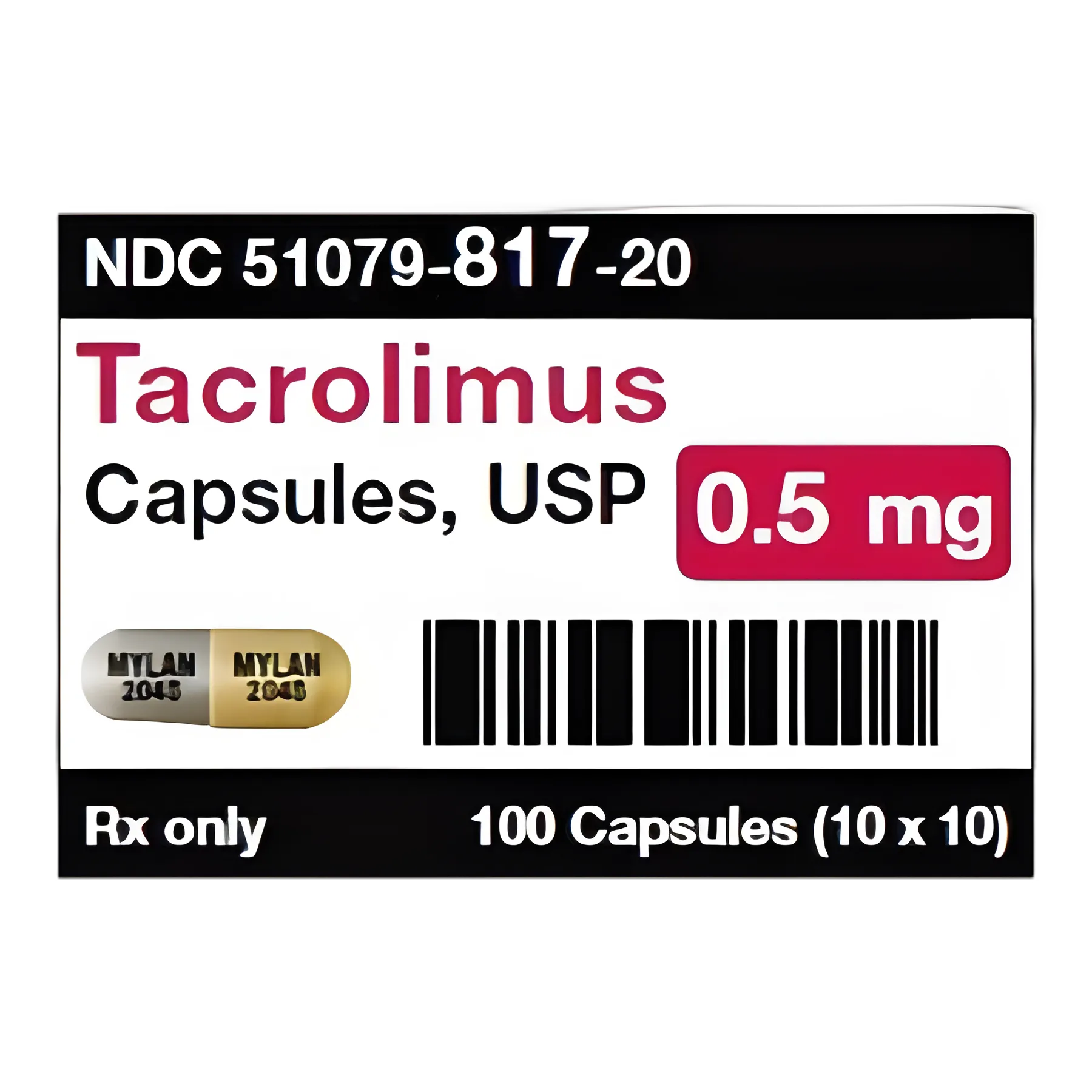 Tacrolimus 0.5 mg Capsules by Mylan Pharmaceuticals - 100 Count Blister Pack for Immunosuppression