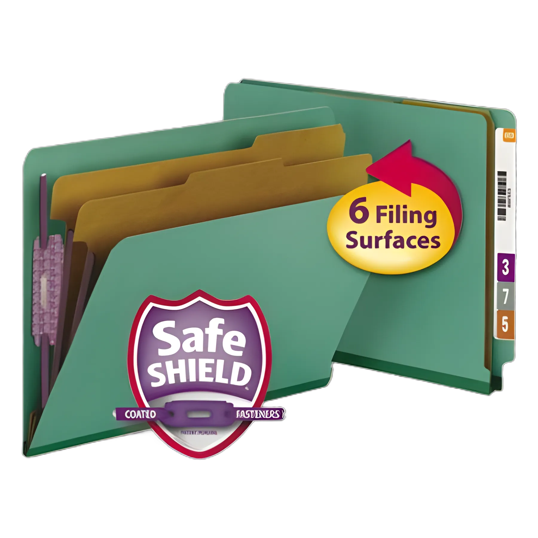 End Tab Pressboard Classification Folders, Six SafeSHIELD Fasteners, 2" Expansion, 2 Dividers, Letter Size, Green, 10/Box