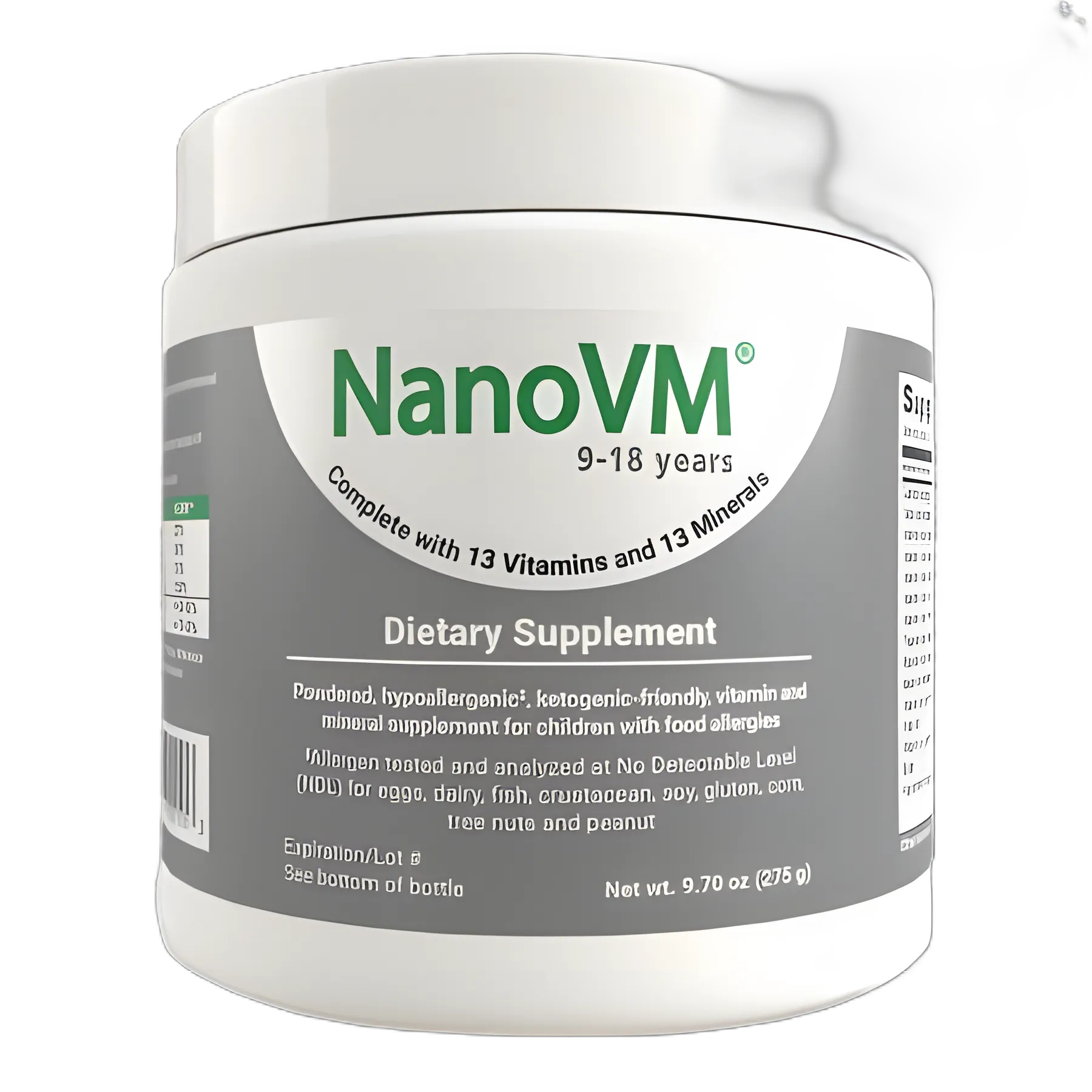 Pediatric Oral Supplement NanoVM® 9 - 18 Years Unflavored 275 Gram Jar Powder Vitamins / Minerals Food Allergies
