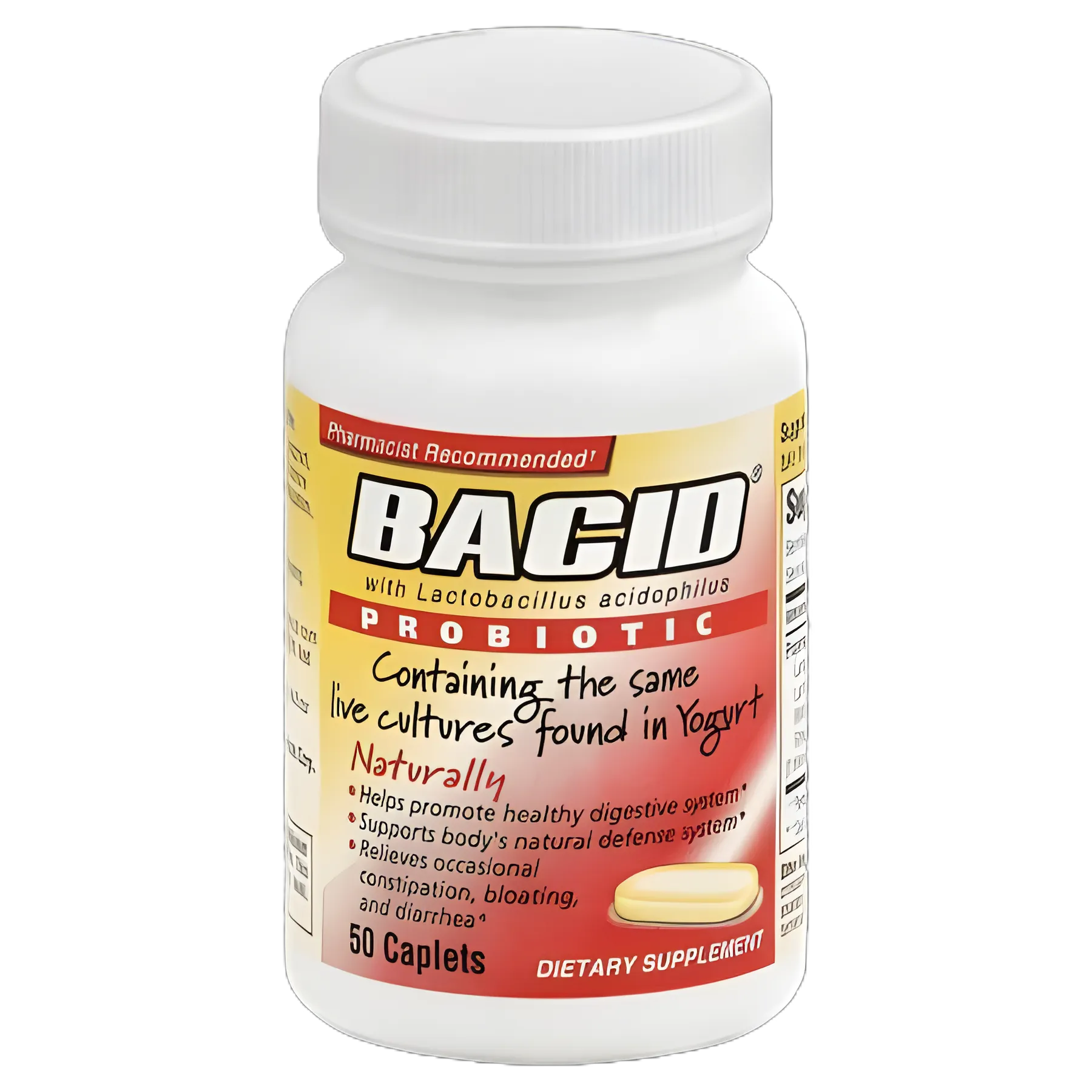 Bacid Probiotic Dietary Supplement Caplets - 50 Count Bottle for Digestive Health