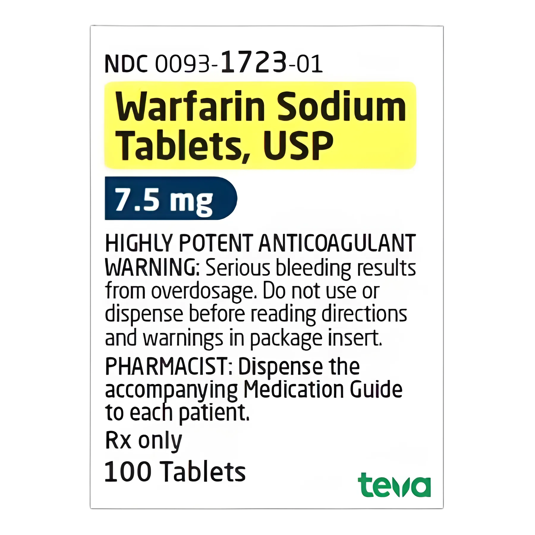 Warfarin Sodium 7.5 mg Tablets by Teva - Anticoagulant Therapy, Bottle of 100