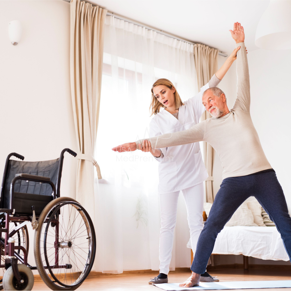 Home health nurse taking a senior patient's blood pressure on his living room sofa with an open nurse bag on the coffee table