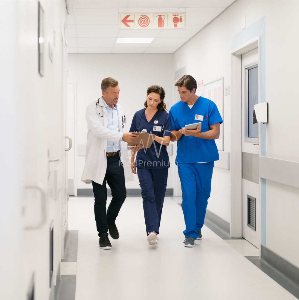 Physician and nurse reviewing supplies at a hospital nurses station
