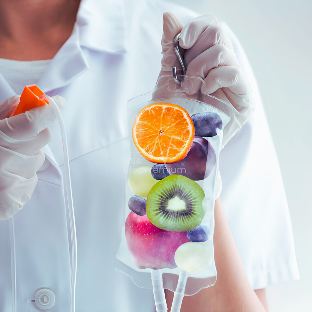 Nurse starting an IV infusion for a patient in a clinic chair