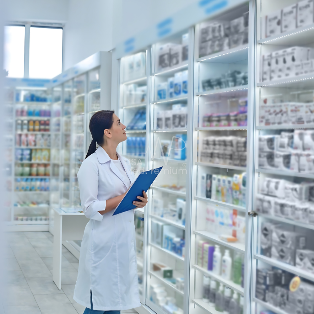 Pharmacist handing a prescription bottle to a customer at the counter in front of fully stocked pharmacy shelves