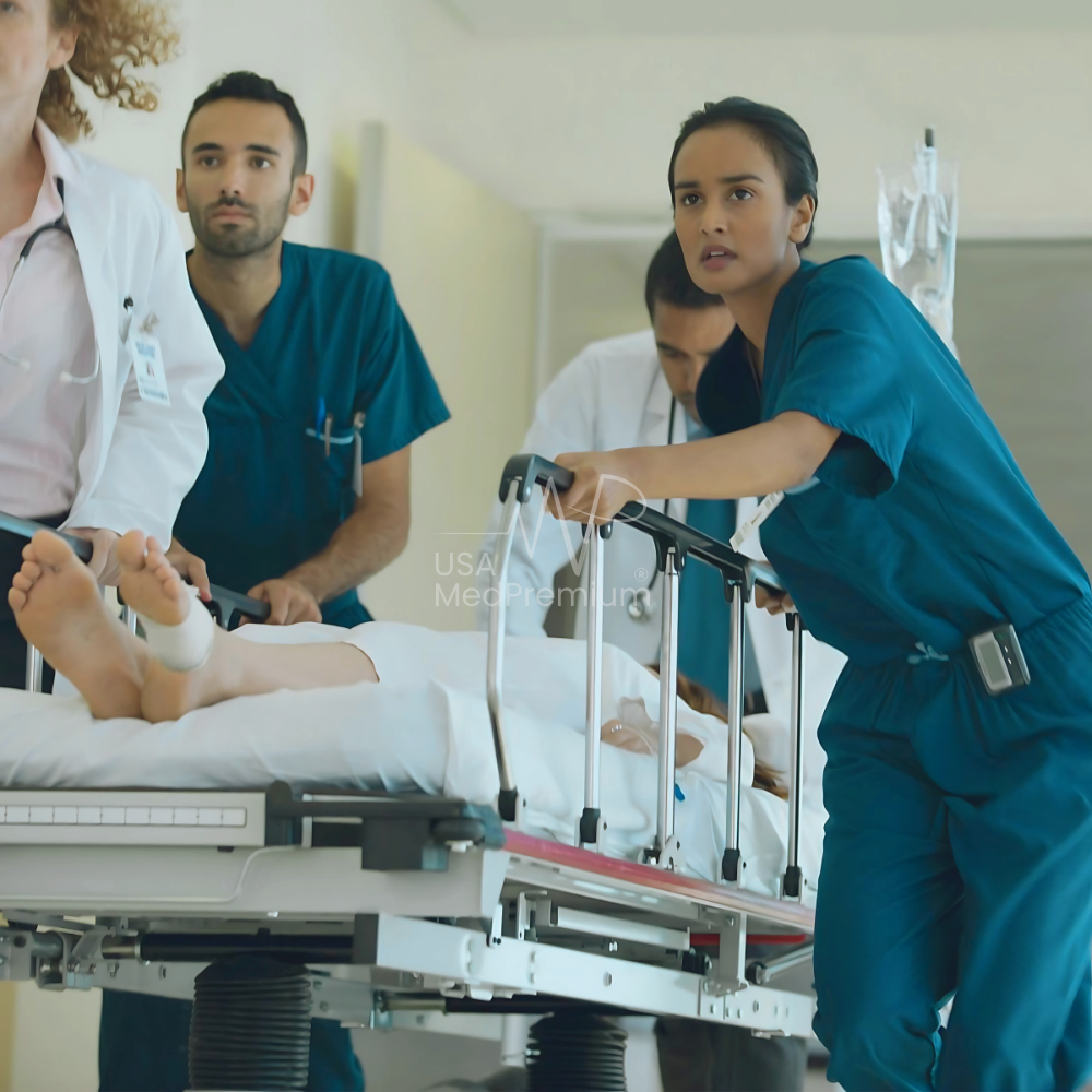 Urgent care nurse wrapping a patient's wrist in an exam room stocked with wound care supplies and diagnostic instruments