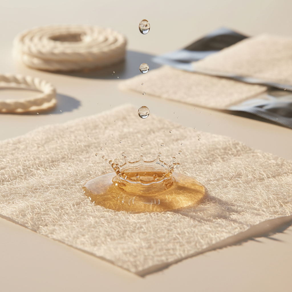 Calcium alginate dressing sheet absorbing exudate with gel formation on contact, rope alginate variant in background