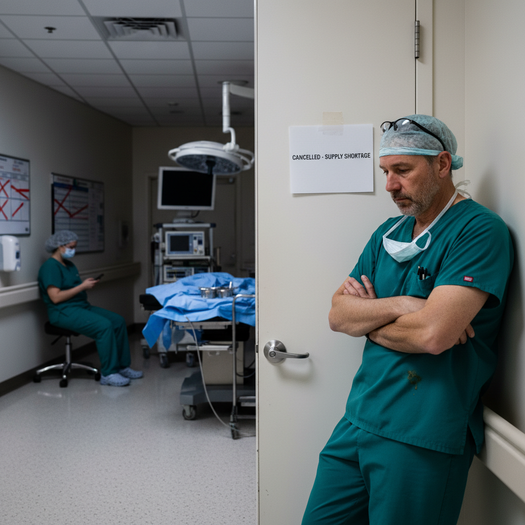 Surgery cancelled due to supply shortage — surgeon standing outside an empty operating room