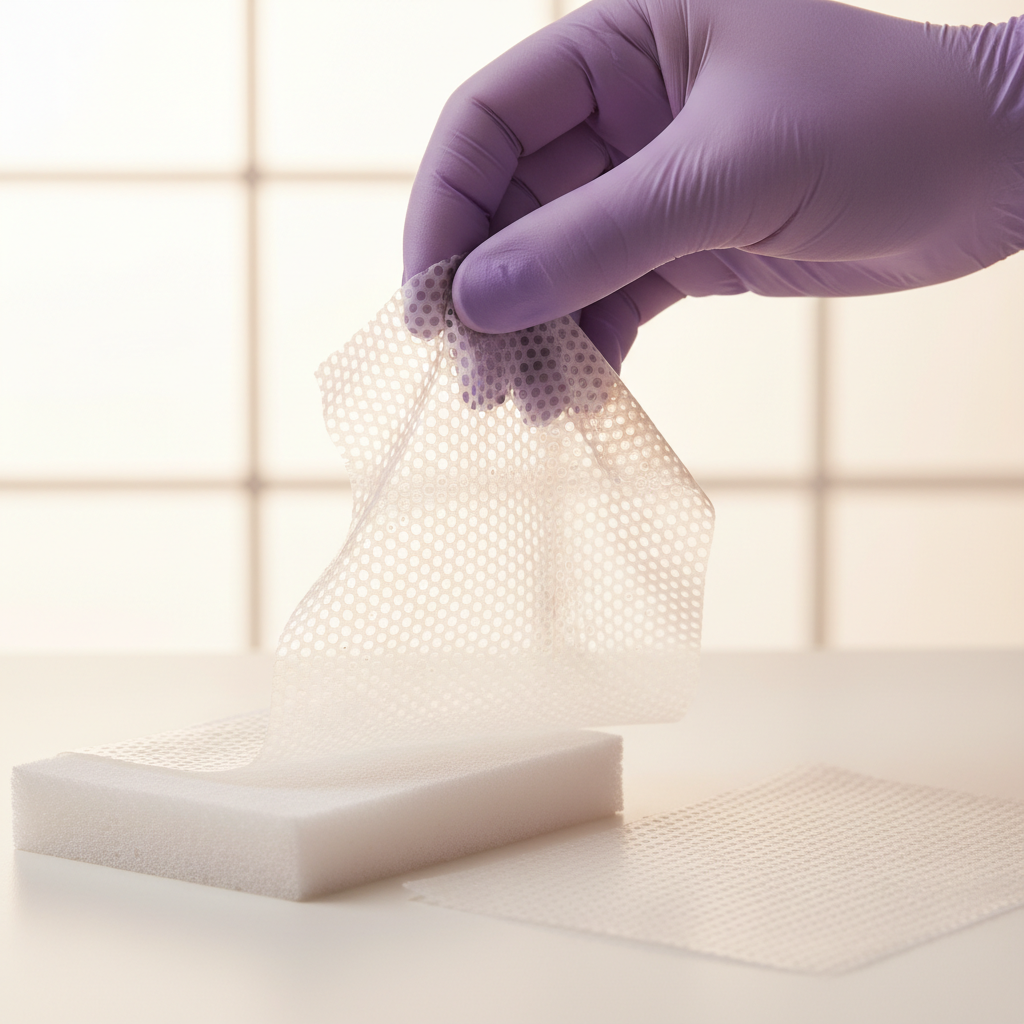 Gloved hand lifting a soft silicone contact layer mesh dressing with a secondary absorbent foam pad on a clinical surface