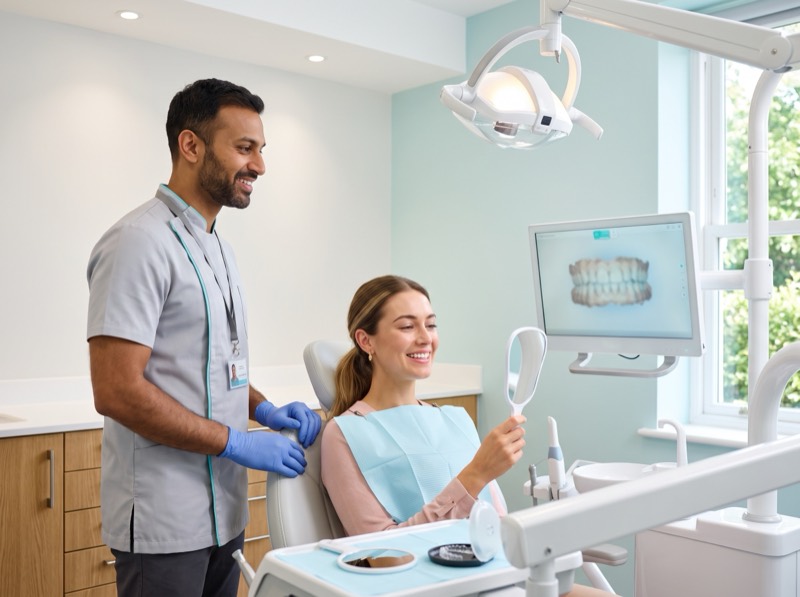 Dentist standing beside a smiling patient in the dental chair as she checks her teeth in a hand mirror with a 3D scan on the monitor