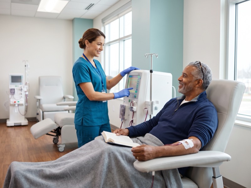 Dialysis nurse adjusting a hemodialysis machine beside a seated patient in a treatment chair