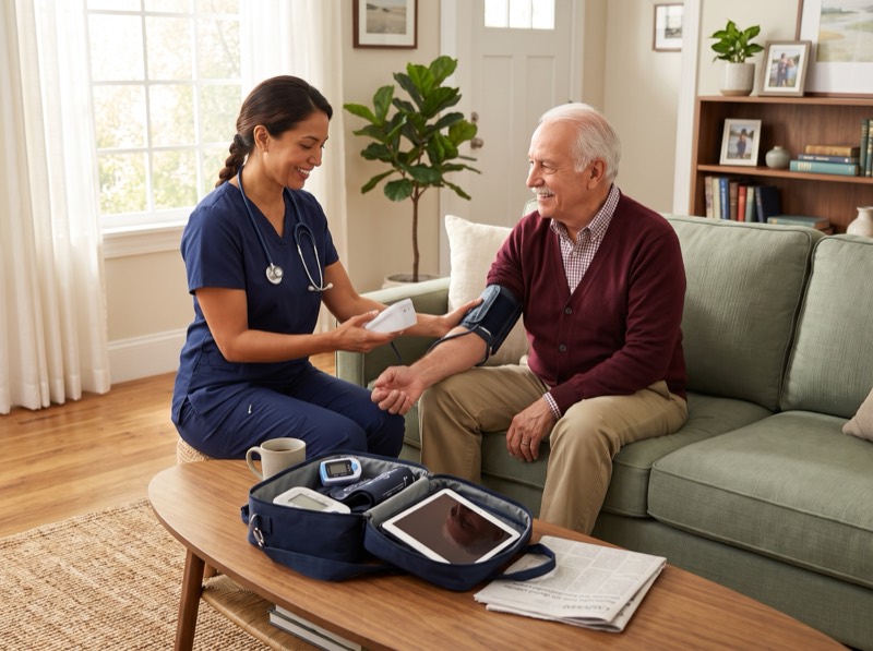 Home health nurse taking a senior patient's blood pressure on his living room sofa with an open nurse bag on the coffee table