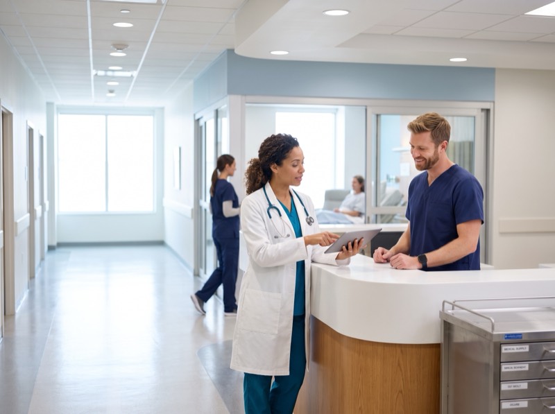 Physician and nurse reviewing supplies at a hospital nurses station