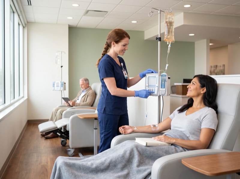 Nurse adjusting an infusion pump beside a patient in a treatment chair