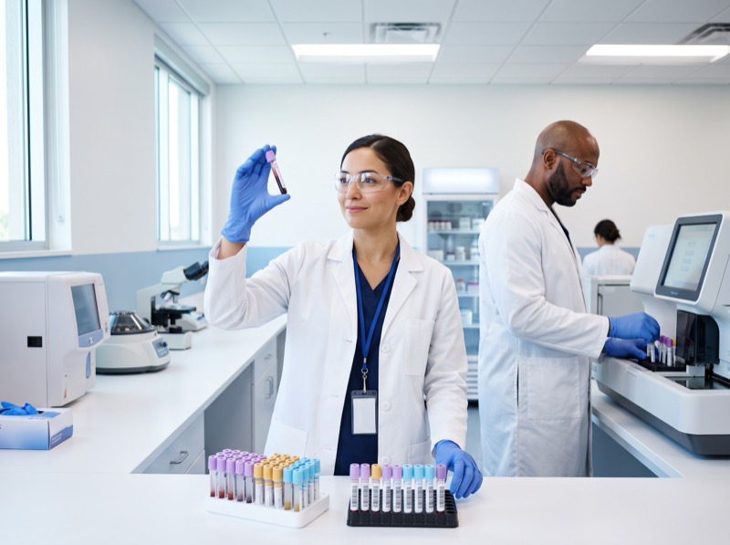 Lab technician inspecting a blood collection tube beside racks of specimen tubes while a colleague loads a diagnostic analyzer