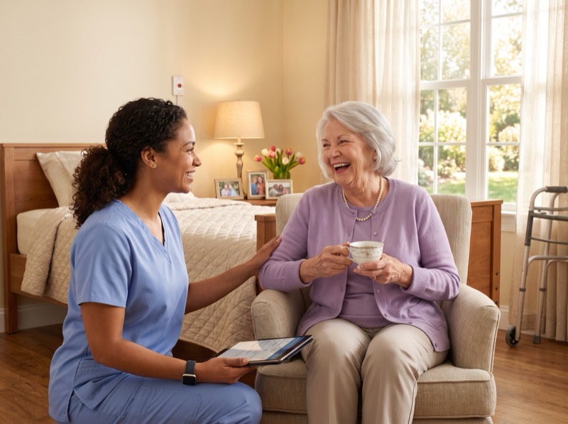 Nurse with a tablet sharing a laugh with a senior resident holding a teacup in her long-term care room