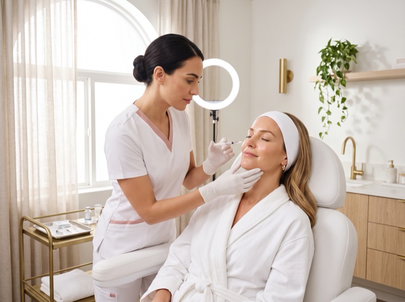 Clinician administering a facial injection in an aesthetic treatment room