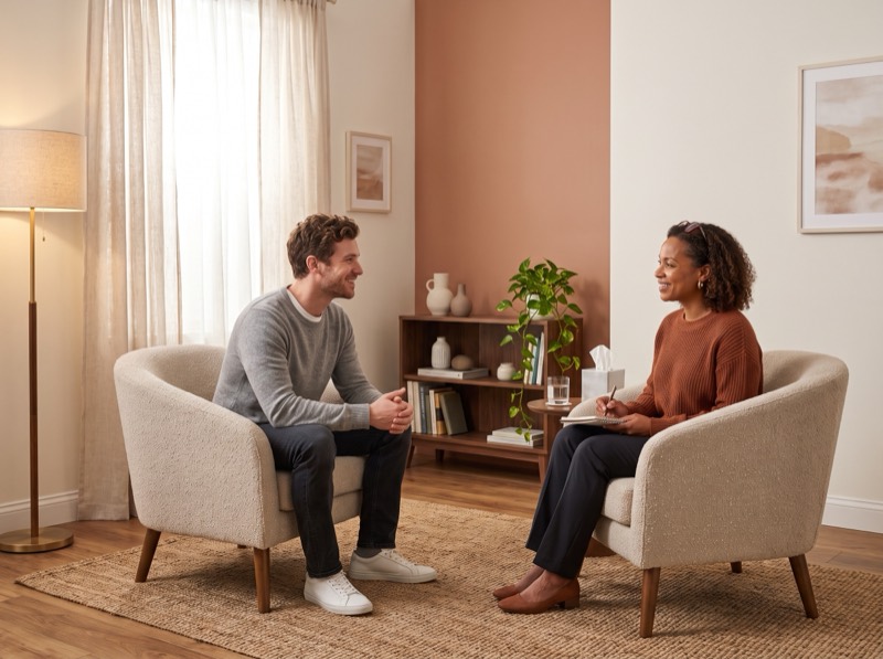 Therapist taking notes during a one-on-one counseling session with a client in a calm, warmly lit therapy room