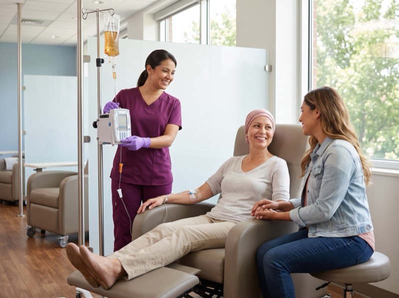 Nurse adjusting an infusion pump for a patient during oncology treatment