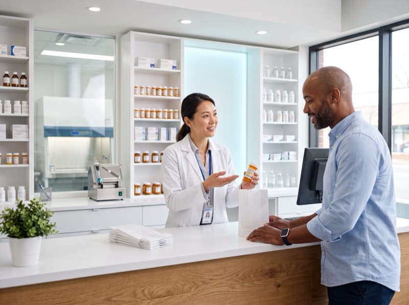 Pharmacist handing a prescription bottle to a customer at the counter in front of fully stocked pharmacy shelves