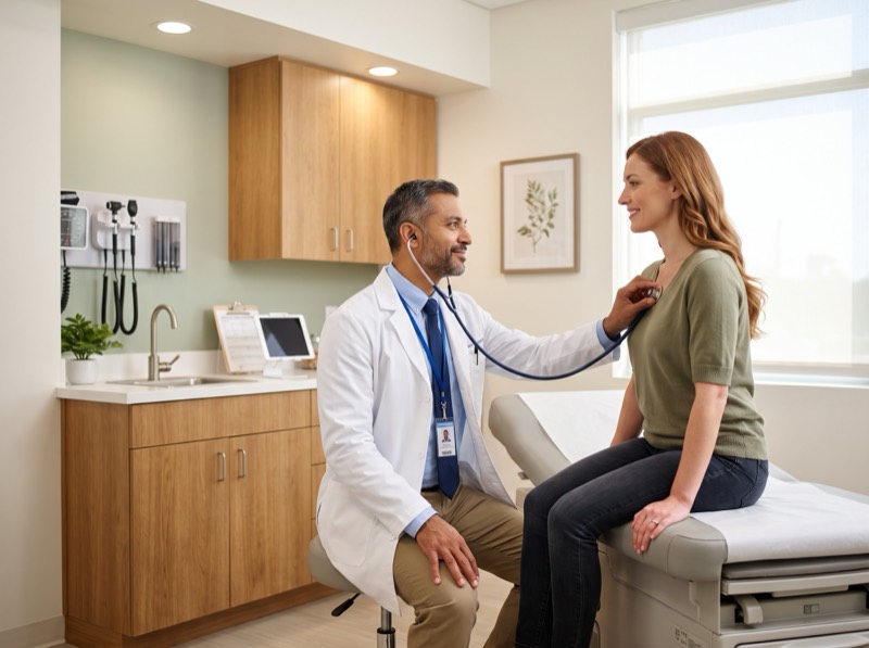 Physician listening to a patient with a stethoscope in a stocked exam room with wall-mounted diagnostic instruments