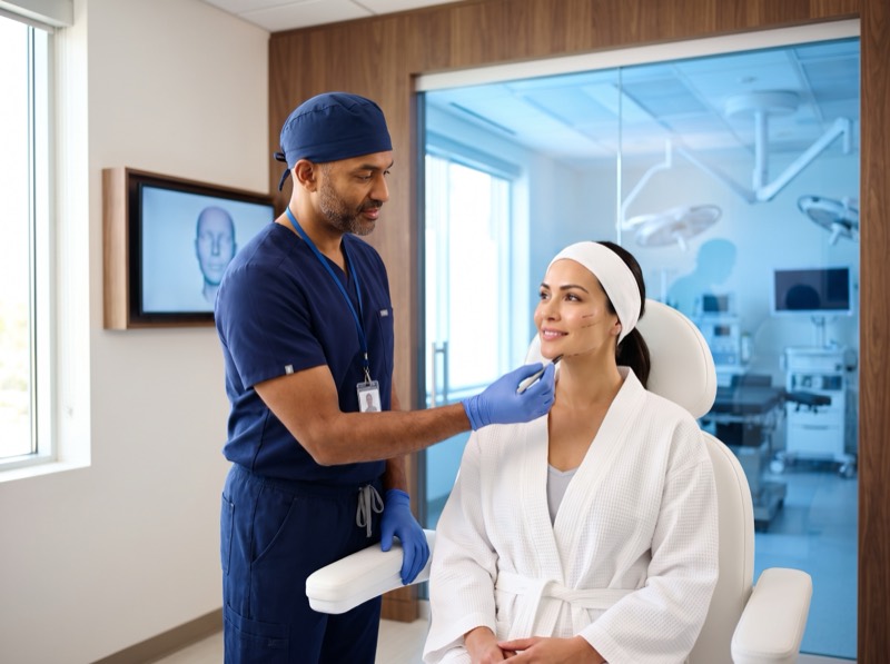 Surgeon marking a patient before a cosmetic procedure beside an operating room