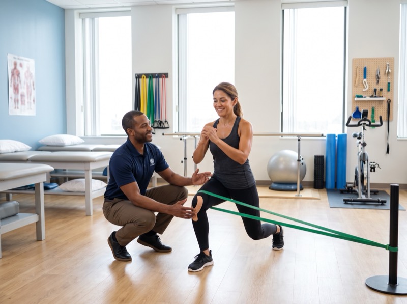 Physical therapist coaching a patient through a resistance band lunge with kinesiology tape on her knee in a rehab gym