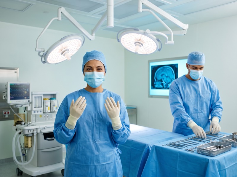 Surgical team preparing instruments in an operating room