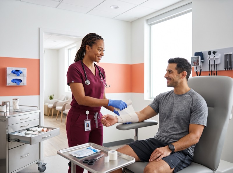 Urgent care nurse wrapping a patient's wrist in an exam room stocked with wound care supplies and diagnostic instruments