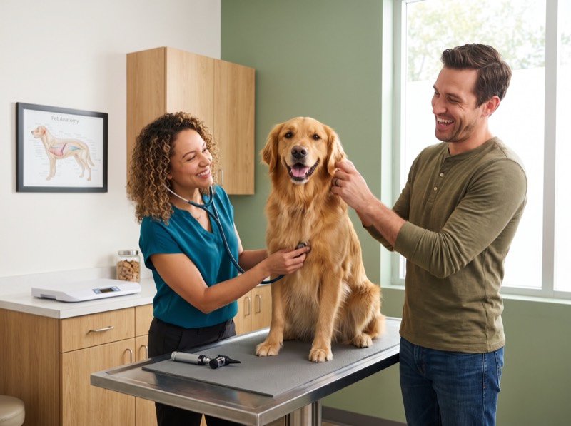 Veterinarian listening to a golden retriever's heart with a stethoscope on the exam table while the owner holds the dog